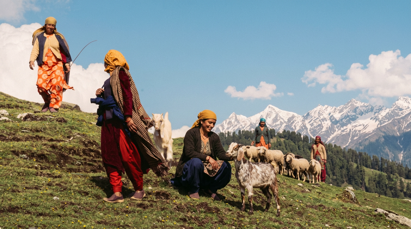 Himachali women laughing together against Himalayan peaks