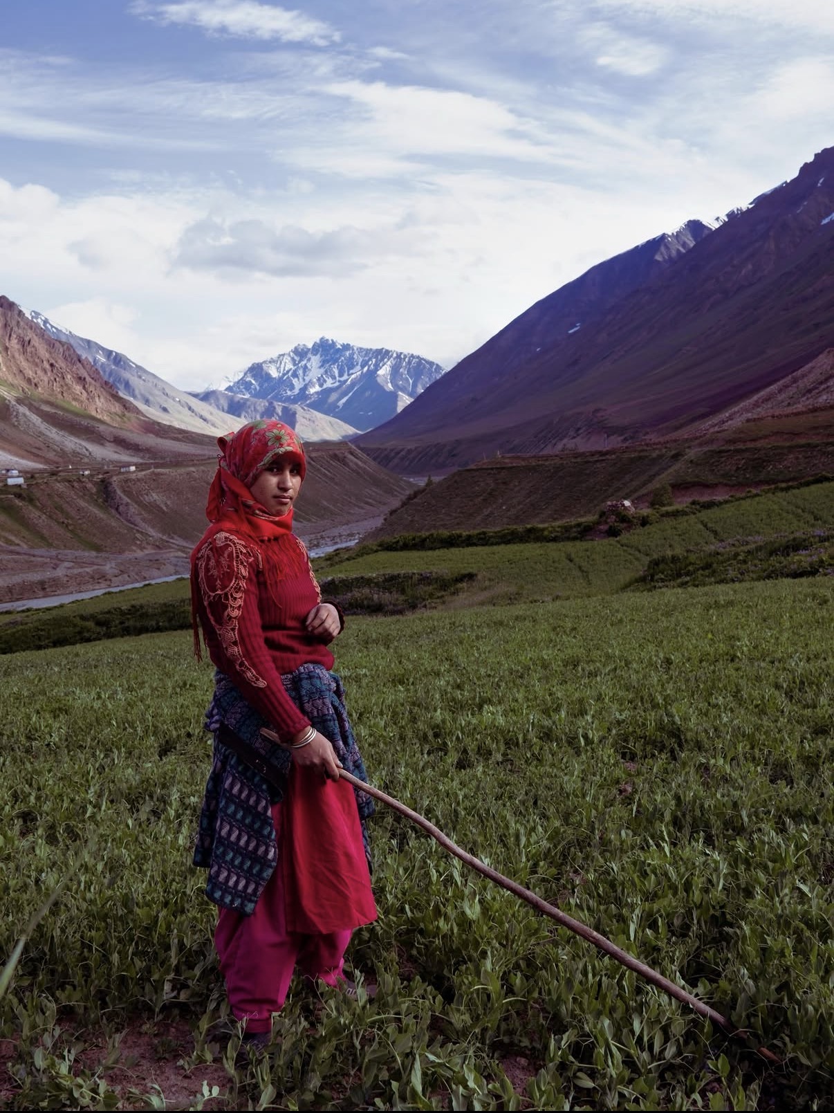 Young Himachali shepherd in red, standing in a green valley with snow peaks