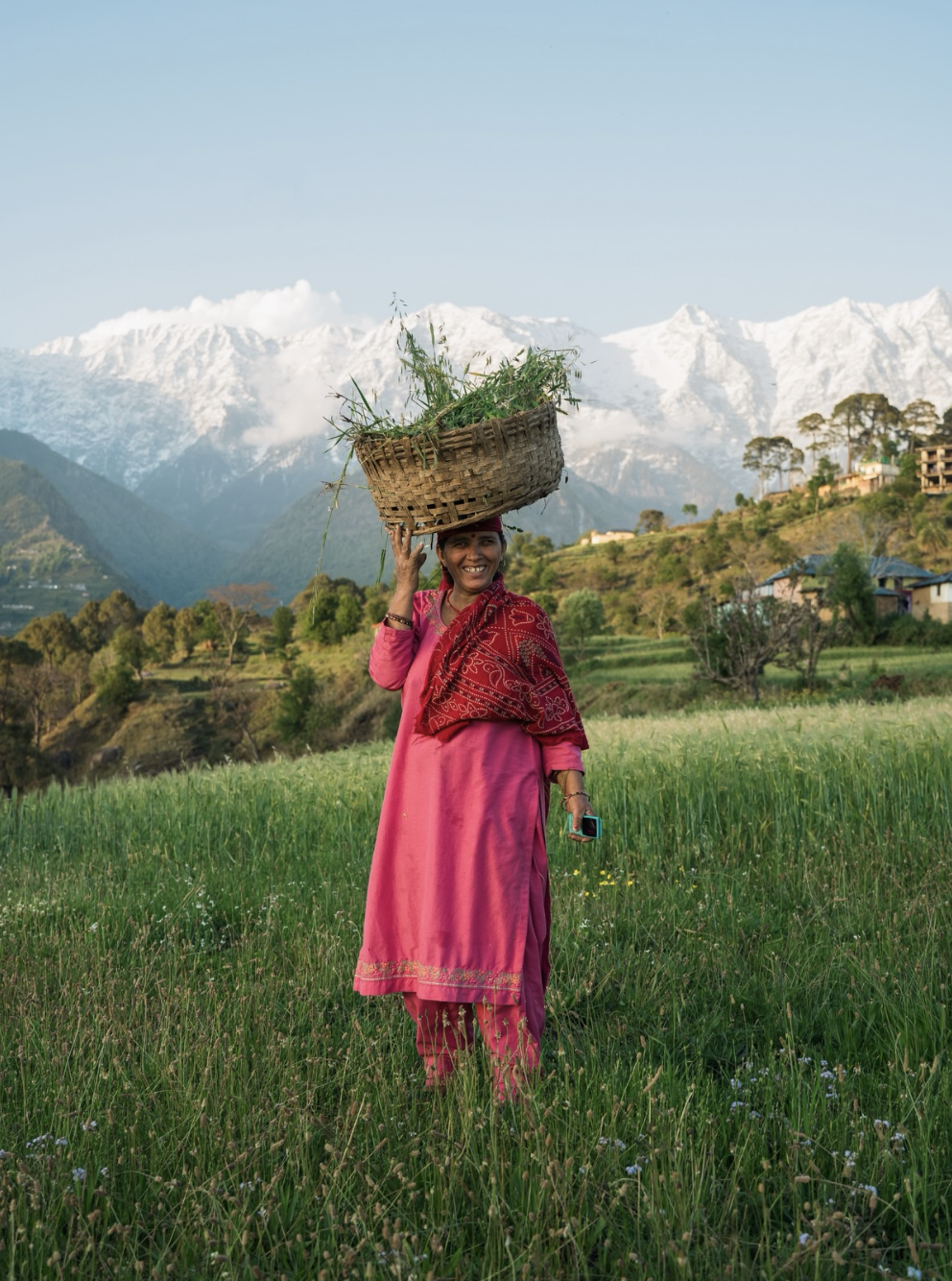 Woman in pink kurta with grass basket beneath snow peaks