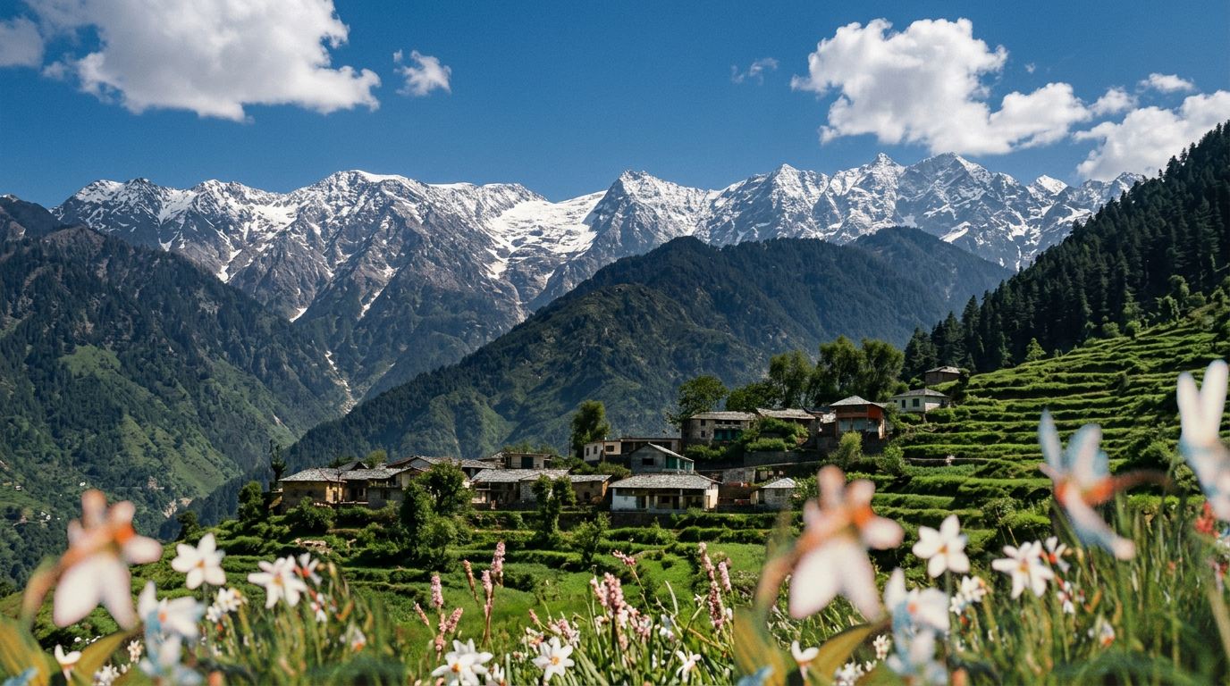 Snow-capped Himalayan peaks above a valley of red rhododendrons